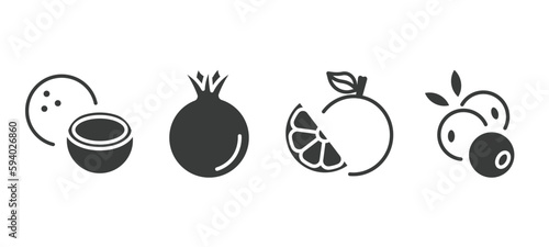 set of vegetables and fruits filled icons. vegetables and fruits glyph icons included coconut, pomegranate, grapefruit, blueberry vector.