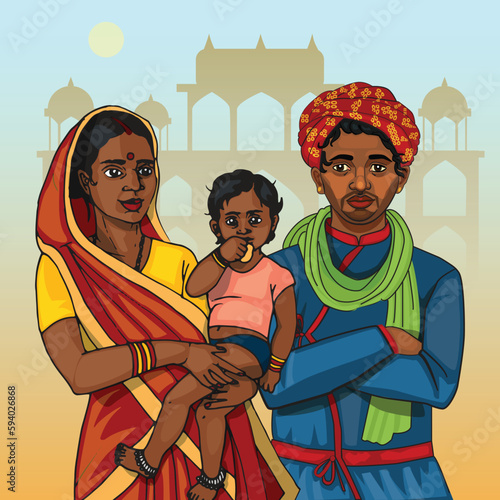 Indian family father and mother holding child