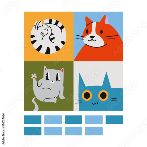 The window of the program for generating images, the AI interface that created cat drawings by prompt, cartoon style. Neural network art, artificial intelligence concept. Vector illustration.