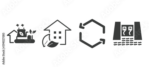 set of ecology filled icons. ecology glyph icons included eco industry, eco house, recycling, dam vector.