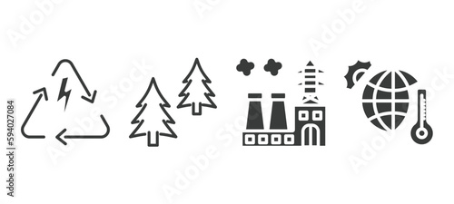 set of ecology filled icons. ecology glyph icons included renewable energy, christmas trees, power plant, warming vector.