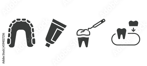 set of dental health filled icons. dental health glyph icons included maxilla, toothpaste tube, tooth filling, partial denture vector.
