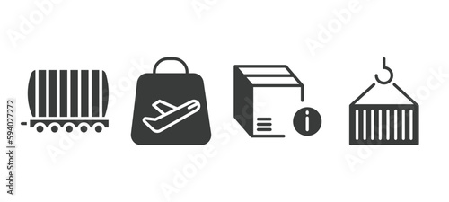 set of delivery and logistics filled icons. delivery and logistics glyph icons included cargo train, duty free, delivery info, container hanging vector.