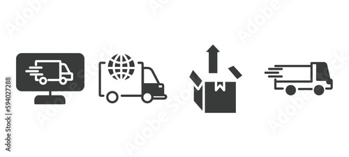 set of delivery and logistics filled icons. delivery and logistics glyph icons included delivery monitor, logistic, unpacking, shipping vector.
