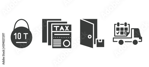 set of delivery and logistics filled icons. delivery and logistics glyph icons included weight limit, tax free, delivery to the door, date vector.