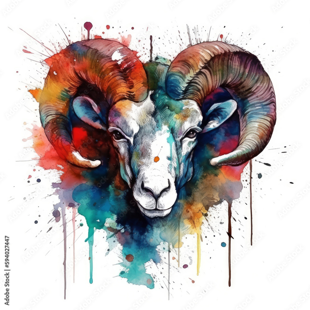 Mouflon created in color with energetic brushstrokes and splatters of watercolor and ink. Made using generative artificial intelligence.