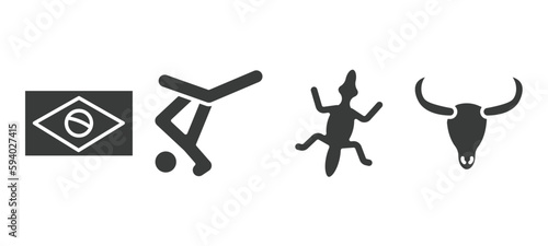 set of culture and civilization filled icons. culture and civilization glyph icons included brazil flag, capoeira brazil dancers, gecko top view shape, skull of a bull vector.