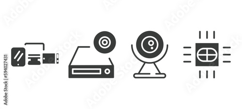 set of computer and tech filled icons. computer and tech glyph icons included device, dvd drive, round webcam, computer micro chip vector.