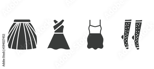 set of clothes and outfit filled icons. clothes and outfit glyph icons included tulle skirt, long sleeveless dress, chiffon dress, women socks vector.