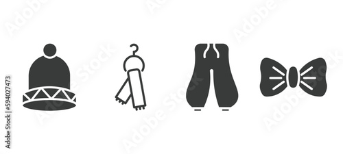 set of clothes and outfit filled icons. clothes and outfit glyph icons included knit hat with pom pom  scarf on hanger  harem pants  bow tie vector.