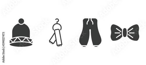 set of clothes and outfit filled icons. clothes and outfit glyph icons included knit hat with pom pom, scarf on hanger, harem pants, bow tie vector.