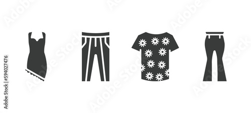 set of clothes and outfit filled icons. clothes and outfit glyph icons included jersey wrap dress, oxford wave suit pants, t shirt with de, flare pants vector.