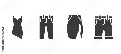 set of clothes and outfit filled icons. clothes and outfit glyph icons included cocktail dress, chi pants, slit skirt, chino shorts vector.