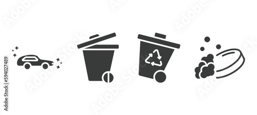 set of cleaning filled icons. cleaning glyph icons included clean car, trash cleanin, wiping trash container, soap cleanin vector.