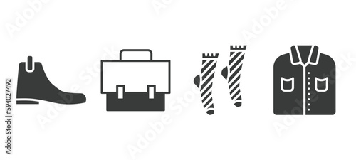 set of clothes and outfit filled icons. clothes and outfit glyph icons included leather chelsea boots, messenger bag, men socks, formal shirt vector.