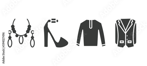 set of clothes and outfit filled icons. clothes and outfit glyph icons included jewelry, platform sandals, nylon jacket, oxford wave blazer vector.