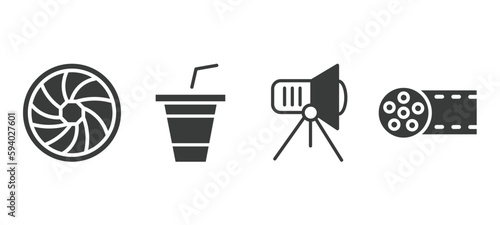 set of cinema and theater filled icons. cinema and theater glyph icons included camera lens, papper cup with straw, cinema light source, big film roll vector.