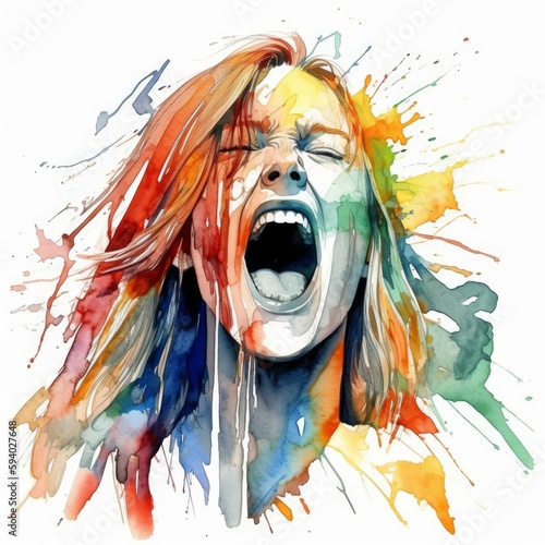 Fierce screaming woman s head against a white background. Concept of anger  despair  pain  and release. Created in color with energetic brushstrokes and splatters of watercolor and ink. Made using gen