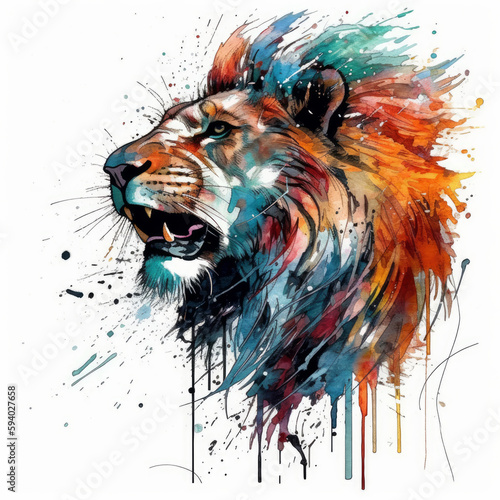 Wild lion head fiercely roaring against a white background. Colorful splatters of watercolor and ink. Created using generative artificial intelligence.