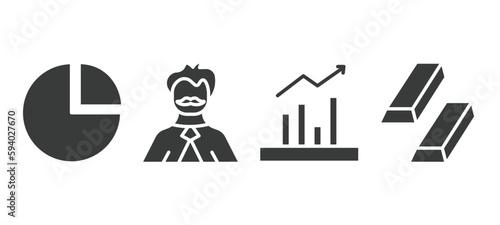 set of business and finance filled icons. business and finance glyph icons included infographic elements, man with moustach, marketing chart, ingot vector.