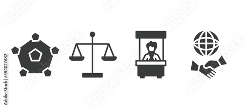 set of business and finance filled icons. business and finance glyph icons included item interconnections, scale in balance, bank teller, partners in business vector.