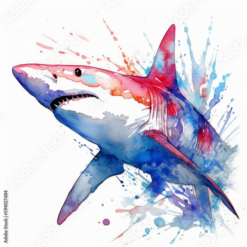Shark. Created in color with energetic brushstrokes and splatters of watercolor and ink. Made using generative artificial intelligence.