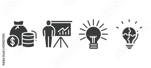 set of business filled icons. business glyph icons included finance, graphic panel and man, round light bulb, strategic vector.