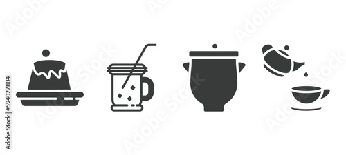 set of restaurant filled icons. restaurant glyph icons included creme caramel, drink jar, pot with cover, tea vector.