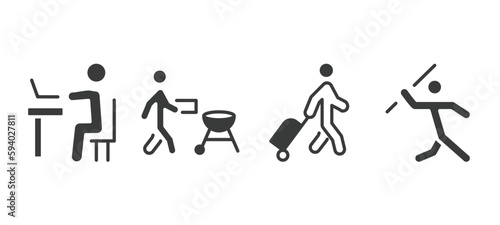 set of behavior and action filled icons. behavior and action glyph icons included man typing, man with, man travelling, throwing javelin vector.