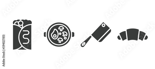 set of restaurant filled icons. restaurant glyph icons included crepe and cream, combine meal, butcher knife, bakery croissant vector.