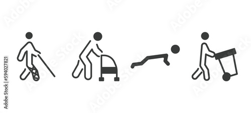 set of behavior and action filled icons. behavior and action glyph icons included man with broken leg, old man with cane, stick man push up, carry garbage vector.