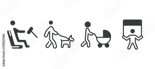 set of behavior and action filled icons. behavior and action glyph icons included man driving, walking the dog, man with baby stroller, man with banner vector.