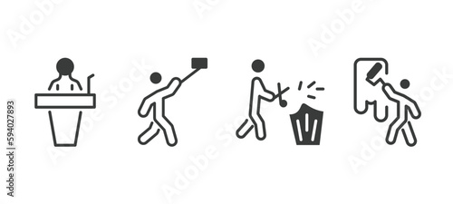 set of behavior and action filled icons. behavior and action glyph icons included stick man speech, man taking a selfie, prune hedge, man painting wall vector.