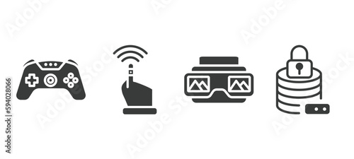 set of artificial intellegence filled icons. artificial intellegence glyph icons included game control, finger control, stereoscope, data security vector.