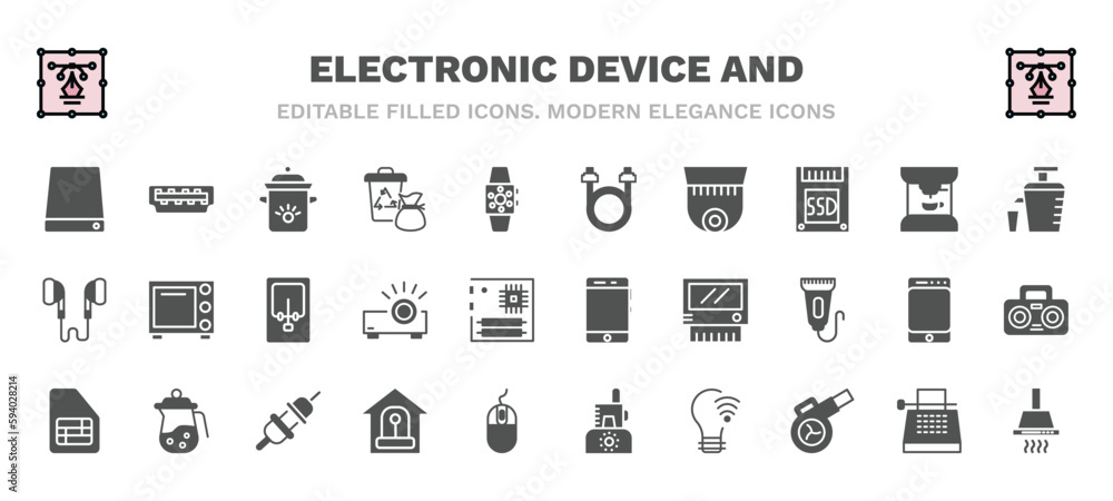 set of electronic device and filled icons. electronic device and glyph icons such as drive, crock-pot, sata, cold-pressed juicer, mourap, phones, sim, burglar alarm, smart light, exhaust hood