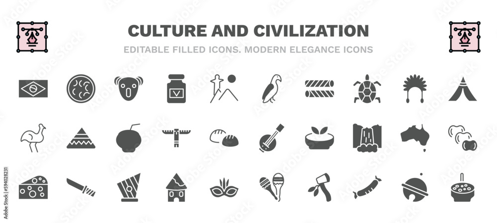 set of culture and civilization filled icons. culture and civilization glyph icons such as brazil flag, australian koala, aw on a branch, native american wigwam, kalabas, kora, goat cheese, indian set of culture and civilization filled icons. culture and civilization glyph icons such as brazil flag, australian koala, aw on a branch, native american wigwam, kalabas, kora, goat cheese, indian
