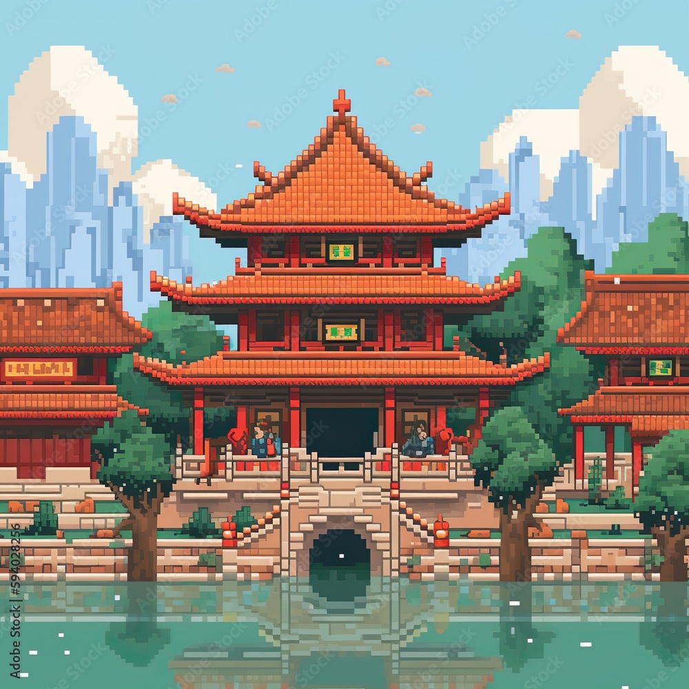 Pixel Art Chinese Temple City Background Modern Traditions Asian pixel-art-chinese-temple-city-background-modern-traditions-asian