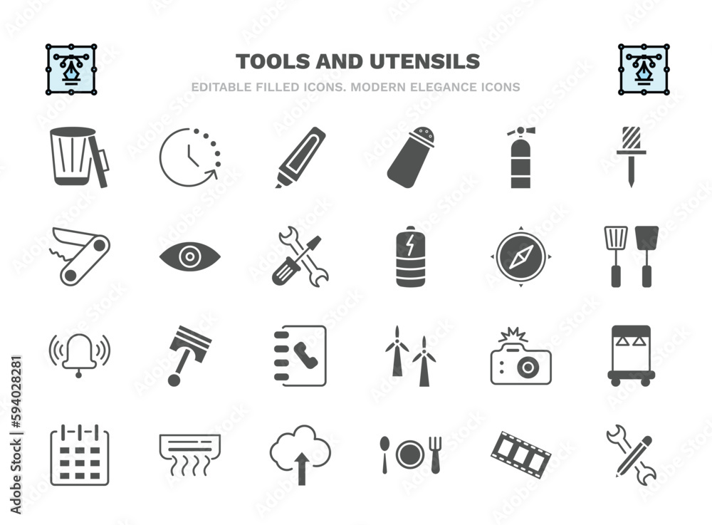 set of tools and utensils filled icons. tools and utensils glyph icons such as trash can open, highlight, flame extinguisher, optical, cardinal points, piston on, camera with flash, air set of tools and utensils filled icons. tools and utensils glyph icons such as trash can open, highlight, flame extinguisher, optical, cardinal points, piston on, camera with flash, air