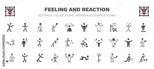 set of feeling and reaction filled icons. feeling and reaction glyph icons such as positive human, hurt human, fantastic human, confident stupid lazy guilty cold happy heartbroken vector.
