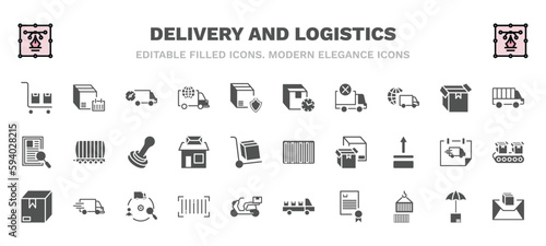 set of delivery and logistics filled icons. delivery and logistics glyph icons such as package on trolley, fast delivery, delay, cargo bus, stamp, bar code, package, barcode, charter, air mail