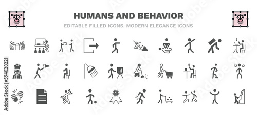 set of humans and behavior filled icons. humans and behavior glyph icons such as public work, give over, construction worker, online business, sitting down, woman sweeping, high five, playing with a