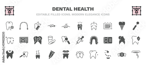 set of dental health filled icons. dental health glyph icons such as aid, mint gum, decay, dentist mirror, dental plaque, needle, filling, toothpaste tube, tooth whitening, veneer vector.