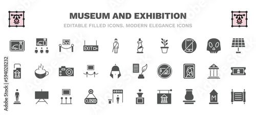 set of museum and exhibition filled icons. museum and exhibition glyph icons such as still life, painting, venus de milo, panel, photographic, poetry, statue, closed, , paper scroll vector.