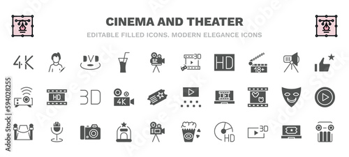set of cinema and theater filled icons. cinema and theater glyph icons such as 4k, dvd, 3d movie, thumb up with star, 3d, film viewer, red carpet, cinema ticket window, hd dvd, theatre pillar
