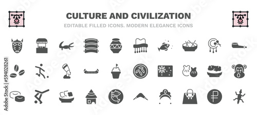 set of culture and civilization filled icons. culture and civilization glyph icons such as native american mask, australian alligator, cork hat, pipe of peace, nefertiti, sweet and sour pork,