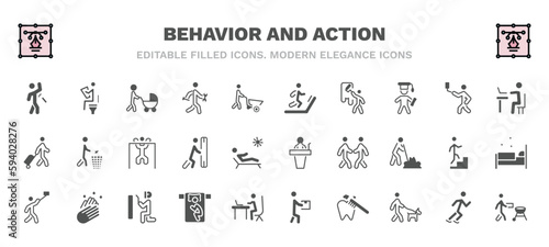 set of behavior and action filled icons. behavior and action glyph icons such as man spraying deodorant, man with baby stroller, man on treadmill, typing, lifting bar, stick speech, taking a selfie,