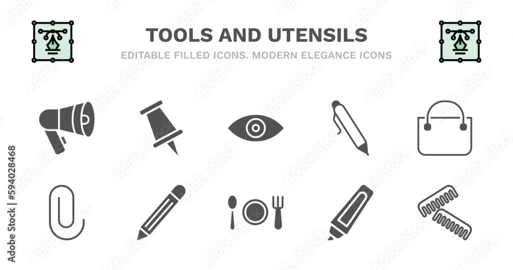 set of tools and utensils filled icons. tools and utensils glyph icons such as school push pin, optical, ink pen, bag with big handle, attachments, attachments, pencil tool, dining, highlight, combs set of tools and utensils filled icons. tools and utensils glyph icons such as school push pin, optical, ink pen, bag with big handle, attachments, attachments, pencil tool, dining, highlight, combs