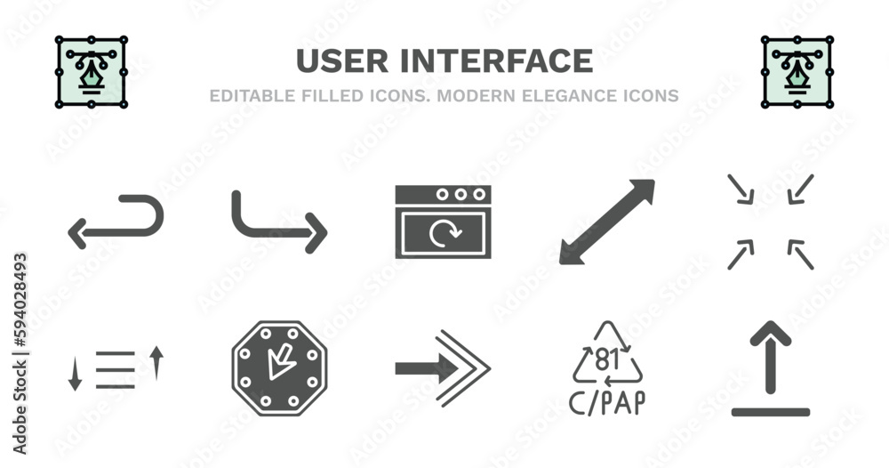 set of user interface filled icons. user interface glyph icons such as curve right arrow, reload webpage, scale arrows, exit full screen arrows, sorting, sorting, corner widget, arrow pointing set of user interface filled icons. user interface glyph icons such as curve right arrow, reload webpage, scale arrows, exit full screen arrows, sorting, sorting, corner widget, arrow pointing