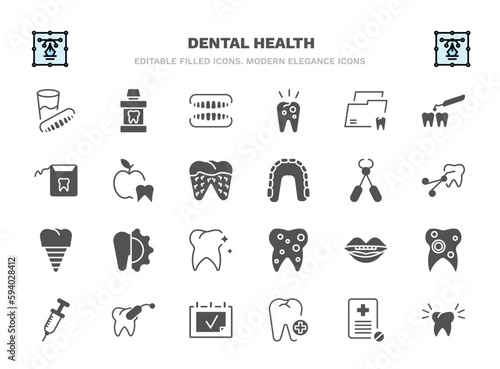 set of dental health filled icons. dental health glyph icons such as denture, dentures, dental folder, dentist, tooth pliers, apicoectomy, oral, tampon, aid, clean tooth vector.