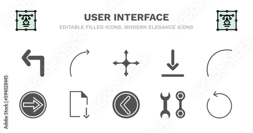 set of user interface filled icons. user interface glyph icons such as curve arrow, four expand arrows, download arrow, curve line, go back button, go back button, downloading, round left button,
